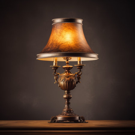 antique lamp with cloth shade on a wooden table, featuring a dark gold and dark amber color scheme. this traditional-style lamp, reminiscent of kevin hill's genre-defying artwork, showcases a tonalist color scheme. the composition evokes the artistic styles of john wilhelm and mike campau. ai generatedの素材