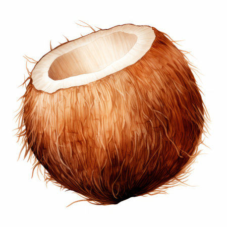a coconut, depicted in a speedpainting style, is showcased on a pristine white background. the artwork features layered fibers and intricate character illustrations, with a color palette dominated by dark orange and white. the coconut is portrayed in a gigantic scale, while the use of shading adds a subtle touch to the overall composition. ai generatedの素材