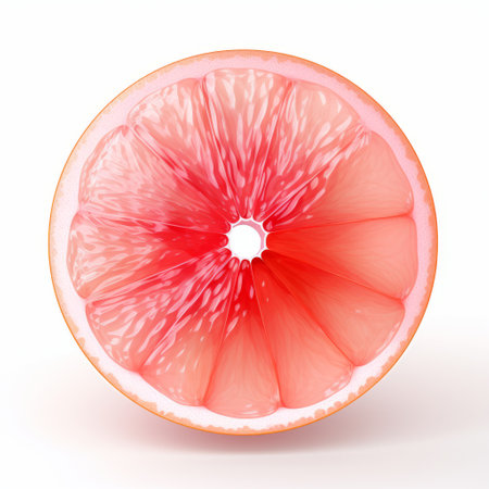 a half grapefruit is showcased in this vector image, set against a clean white background. rendered in the style of unreal engine, the grapefruit is depicted in light pink and light crimson hues. the image features distorted perspectives, exaggerated forms, circular shapes, and was captured using a macro lens. meticulously detailed, this realistic rendering captures the intricate beauty of the human form. ai generatedの素材