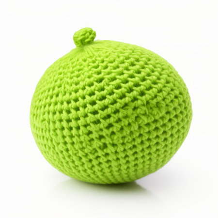 a green crocheted doll with a ball, showcasing the oriental minimalism style. captured using a low bitrate canon af35m camera, the doll is light yellow in color and presented in high resolution. the bold and colorful design of the doll is large-scale, resembling an imitated material. ai generatedの素材