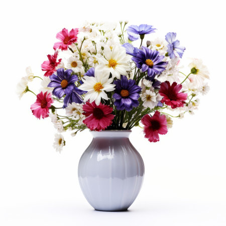 a white vase of flowers, featuring a light purple and red, white and blue color scheme, is captured in this associated press photo. the arrangement appears sparse yet elegant, showcasing the use of precious materials. this captivating image by marguerite blasingame embodies a touch of hallyu influence. ai generatedの素材