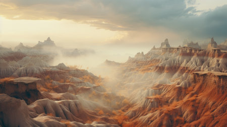 aerial view of a desert landscape with mountains, showcasing a fantastical and otherworldly vision. the atmosphere is dreamy, with a tilt-shift effect adding to the ethereal quality. the terrain appears creased, crinkled, and wrinkled, resembling a mystical landscape. the color palette consists of light beige and orange hues, creating a mist-like ambiance. this captivating image is reminiscent of a scene from a cryengine game. aiの素材