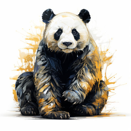 a panda bear with red splashes is depicted in this artwork, showcasing a realistic color scheme. the precision painting technique brings out the dark yellow and dark white tones, while the white background contrasts with the dark blue and light beige accents. the use of black and white ink adds an explosive element to this captivating portrayal of wildlife. ai generatedの素材