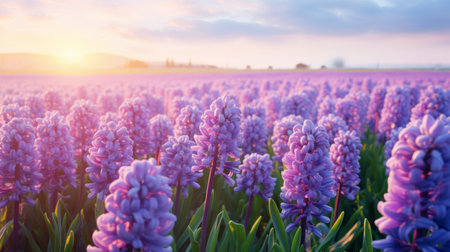 purple flowers in a field near sunlight create a mesmerizing colorscape reminiscent of fairytale-inspired dutch realism. the richly colored skies, in shades of light pink and azure, add to the enchanting beauty of the scene. this hyper-detailed photograph captures the essence of norwegian nature, while also evoking the picturesque landscapes of lisbon and holstein, ireland. ai generatedの素材