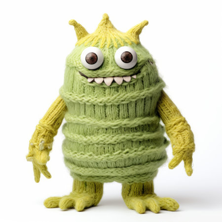 a toy green felt monster wearing a vest, inspired by the style of tamron 24mm f28 di iii osd m12 lens. this high-detailed creature showcases organic forms and patterns in light yellow and light azure colors. it exudes a unique blend of sonian, angura kei, and ragepunk aesthetics. ai generatedの素材
