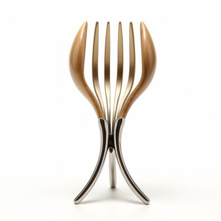 a fork with a fork blade is placed on a table, resembling graceful sculptures by john wilhelm. this high-detailed wooden fork features a light gold and silver color scheme, showcasing organic contours. the frontal perspective captures the intricate beauty of this artistic piece. ai generatedの素材