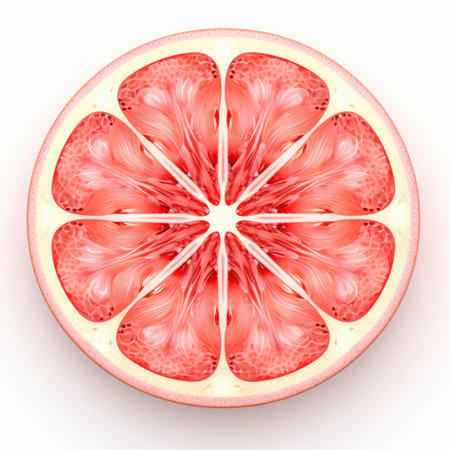 a hyperrealistic illustration of a grapefruit, showcasing organic biomorphism. the design features a symmetrical arrangement with shades of light red and light pink. created using cinema4d, this artwork exhibits intricate botanical details. discover this stunning grapefruit illustration on flickr. ai generatedの素材