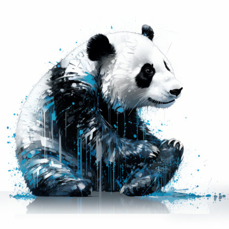 an elegant panda with arms stretched out in a blue watercolor, showcasing aggressive digital illustration. this unique artwork combines elements of stencil graffiti, blending realistic and fantastical elements. the highly detailed illustration features wet-on-wet blending techniques against a crisp white background. ai generatedの素材