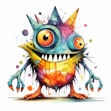a colorful piece of art featuring a high-detailed, cartoonish monster on top. this artwork, created in the style of character caricatures by florian nicolle, showcases a vibrant and sketch-like design. the monster's smilecore and the overall colored cartoon style make this piece visually captivating. ai generatedの素材
