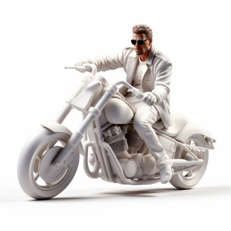 3d printed clay figure of a man riding a motorcycle, showcasing photorealistic rendering and intense action scenes. this white sculpture incorporates celebrity and pop culture references, with clear colors that enhance the brutal action. captured on 70mm, this dynamic piece captures the essence of adrenaline-fueled motorcycle rides. ai generatedの素材