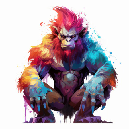 a gorilla anime fantasy character design by jared healy, featuring vibrant and saturated colors in the style of colorful brushstrokes. the character is depicted in an isolated figure on a white background, reminiscent of 2d game art. the design incorporates elements such as a manticore and draws inspiration from the works of willem haenraets. ai generatedの素材