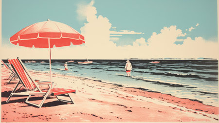 pink umbrella on the beach, inspired by shepard fairey's bold and cartoonish lithographs, reminiscent of japanese woodblock prints. the vibrant colors of dark red and light aquamarine create an eye-catching contrast against the sandy backdrop. this impressive panorama captures the essence of historical illustration and the art of silkscreening. ai generatedの素材