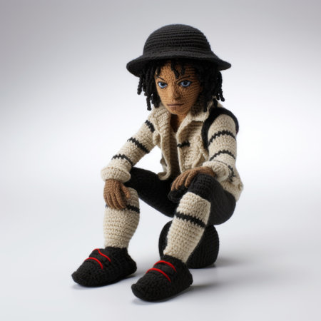 a michael jackson crocheted statue is featured in this studio portrait, showcasing pensive poses. the statue is crafted in the dolly kei style, with striped patterns and an afro-caribbean influence. the black and beige colors evoke childhood arcadias, creating a nostalgic and unique piece of art. ai generatedの素材