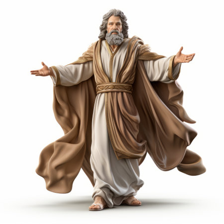 the photo showcases a figure wearing a cloak resembling jesus, portrayed in a dynamic pose. the style of the artwork is characterized by realistic hyper-detailed rendering, with elements of tumblewave, witty and clever cartoons, and magewave. the color palette consists of light brown and white, adding to the grandeur of scale. ai generatedの素材