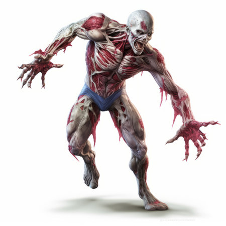 a zombie skeletal character running with its hand held up, depicted in a realistic and hyper-detailed style. the light illuminates the figure in shades of white and crimson, creating a striking visual contrast. this photo captures the essence of a marvel comics-inspired scene, with its dynamic pose and intricate details. the composition showcases the figura serpentinata, a characteristic spiral movement often found in art. aの素材