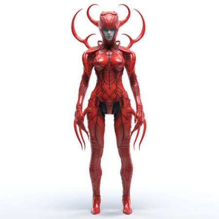 an alien, adorned in a vibrant red outfit, stands confidently against a pristine white backdrop. this striking image, created using the zbrush software, showcases a captivating blend of technological symmetry and artistic styles like changelingcore and womancore. the alien's unique appearance, resembling a fascinating amalgamation of insects, is captured with the precision of 70mm photography, reminiscent of xbox 360 graphics. ai generatedの素材