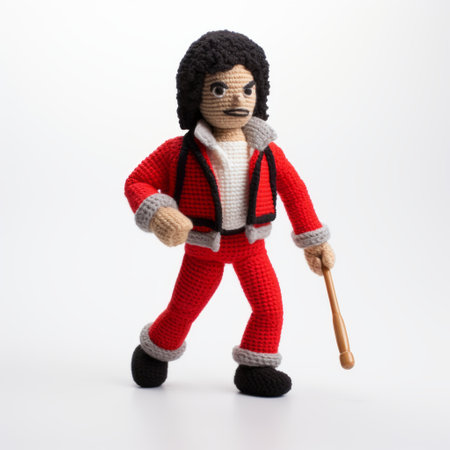 michael jackson knitted doll with bag and bat, inspired by the artistic style of martin creed. the doll features a combination of light red and dark brown colors, resembling a neo-mosaic design. this low-resolution image captured with a canon 7 camera showcases the intricate details of the doll, reminiscent of the works of canaletto and george perez. ai generatedの素材