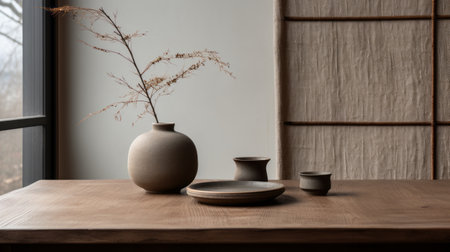 a wooden table adorned with vases and a small floral arrangement, showcasing a minimalistic japanese style. the color palette consists of dark beige and gray, complementing the handcrafted objects and earth tones. the photo captures the beauty of rim light, highlighting the layers of texture. shot on fujifilm natura 1600 film. ai generatedの素材