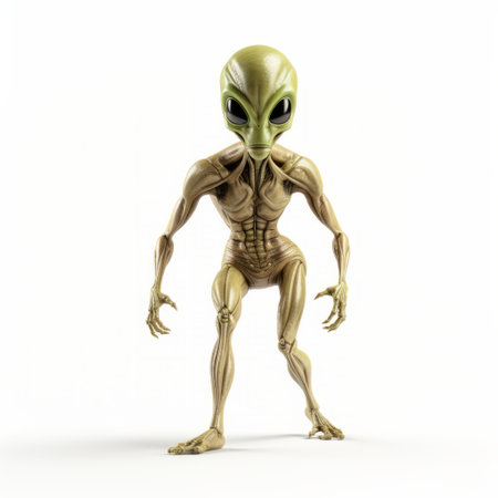the alien guy stands on a white background, showcasing a unique blend of light gold and green colors. the photo captures fine attention to anatomy, reminiscent of a national geographic style. the cartoonish forms add a touch of whimsy, while the eerie symbolism and colorization create a captivating visual experience. this image embodies elements of gorpcore fashion. ai generatedの素材