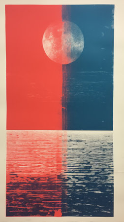 the poster features a captivating image of the ocean and sky, with a prominent moon. the artwork showcases a unique style, combining light red and dark blue hues. the fragmented perspectives and screen printing technique add depth to the design. created using kodak elite chrome extra color, the poster exhibits an industrial texture. it also carries a political message, evident in its split toning. aiの素材