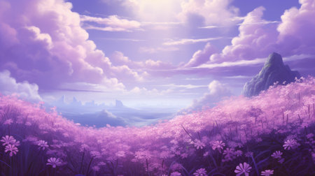a stunning anime-style artwork featuring a vibrant purple flower field under a sunny sky with fluffy clouds. this realistic landscape showcases soft, tonal colors and intricate details, creating a highly detailed environment. the whimsical skyline and monochromatic landscapes add a touch of enchantment to this commissioned artwork with rtx on. ai generatedの素材