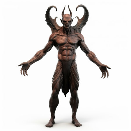a devil with large horns and wings is depicted on a white background in a dark bronze style. the realistic rendering of the human form showcases the intricate details of this sketchfab creation. the multi-layered figures capture a sense of suburban ennui, with twisted characters in light pink and dark bronze tones. ai generatedの素材