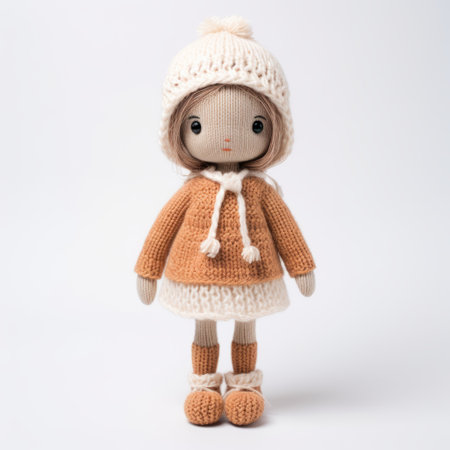 a hand-knitted wooden doll with an orange hat and red coat, showcasing a soft, muted color palette. the doll exudes a sense of soft femininity with its clean and simple design. the monochromatic color scheme of dark white and light gold adds to its charm. the sepia tone enhances the vintage feel of the doll, reminiscent of the artistic style of dau al set. aiの素材