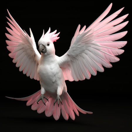 a pink cockatoo wearing a black t-shirt is captured in flight, showcasing vibrant colors and exaggerated poses. rendered in the style of unreal engine, this avian-themed artwork by peter lippmann features luminous color harmonies and a touch of whimsy. ai generatedの素材