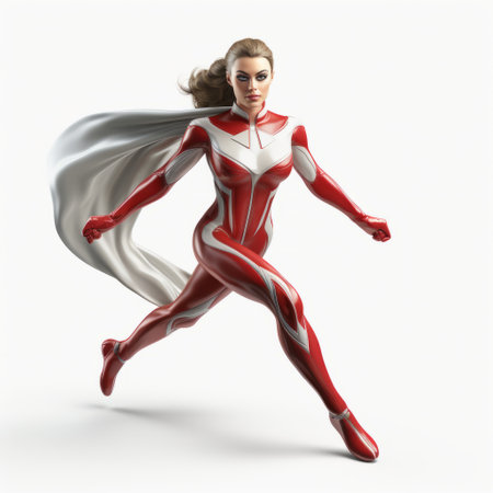 a woman in a red superhero costume is depicted running on a white background in a hyper-realistic style. the detailed rendering captures the dynamic movement of the character. the image showcases the light silver and white tones, reminiscent of the work of even mehl amundsen. shot on 70mm, this character study emphasizes the vibrant combination of light red and white. ai generatedの素材
