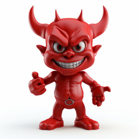 the devil, depicted in a playful and detailed cartoon style, stands against a white background with his thumb up. this zbrush creation showcases intricate details, including shiny eyes and a light red color palette. created by bob ringwood, this image captures the mischievous essence of the devil character. ai generatedの素材