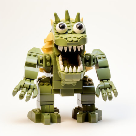 a lego monster with green teeth is captured in this photo, taken in the style of the olympus m.zuiko digital ed 12-40mm f/2.8 pro lens. the lighting creates a mix of light amber and gray tones, while the subject, a manticore, is depicted in a monochromatic color scheme. the image showcases multiple points of view, sharp angles, and a sense of monochromatic chaos. ai generatedの素材