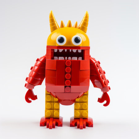 a lego monster with big teeth and red eyes, featuring a monochromatic color scheme in light red and yellow. the realistic detailing brings out the imaginative character of this chinapunk-inspired creation. the vibrant color blocks, bold lines, and dynamic colors make this lego monster a visually striking and captivating piece. ai generatedの素材
