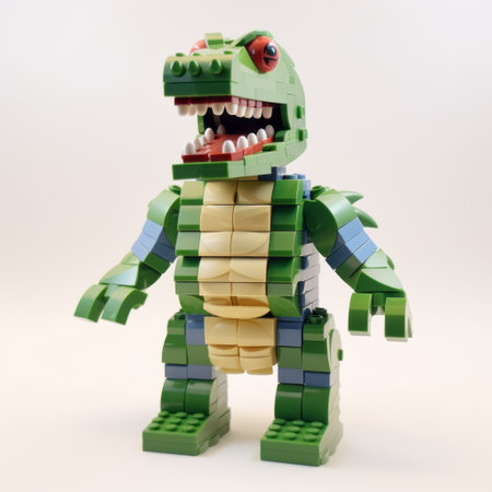 an animated lego crocodile sculpture, inspired by the goerz hypergon 65mm f8 style, is showcased on a white surface. the cartoony characters feature light navy and green colors, reminiscent of the minolta hi-matic 7sii. the sculpture incorporates modular patterns and displays a strong facial expression, reminiscent of michelangelo's works. ai generatedの素材