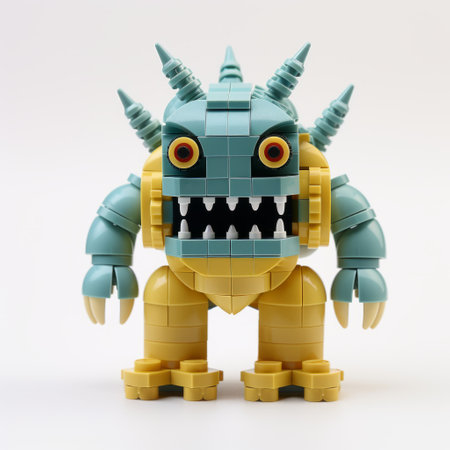 lego demon series 8 by jenis showcases a captivating blend of beige and aquamarine colors. the photograph, taken with a tokina at-x 11-16mm f2.8 pro dx ii lens, features spiky mounds and multifaceted geometry. with a strong emphasis on character design, this image captures the unique creativity of lego artist emil melmoth. robert munsch's influence is also evident in this intriguing composition. ai generatedの素材