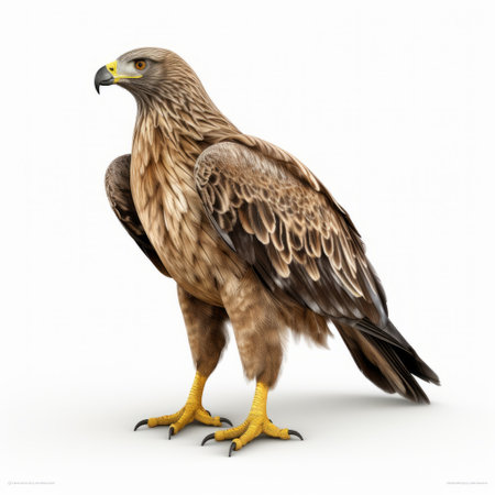 a brown falcon with realistic hyper-detailed rendering is depicted in this daz3d image. the falcon's legs are prominently displayed against a white background, showcasing the dark white and yellow coloration. the character design by sebastian errazuriz exhibits balanced proportions, resulting in a visually striking and detailed portrayal. this image is a testament to the artist's skill and the capabilities of ue5. ai generatedの素材