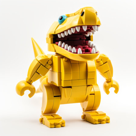 the lego dinosaur is a dark yellow, expressive character design with a large open mouth filled with teeth. its monochromatic chaos style gives it a unique and eye-catching appearance. captured with a nikon d850, the photo showcases the crisp and clean look of the dinosaur. the columns and totems add an interesting backdrop to the scene. ai generatedの素材