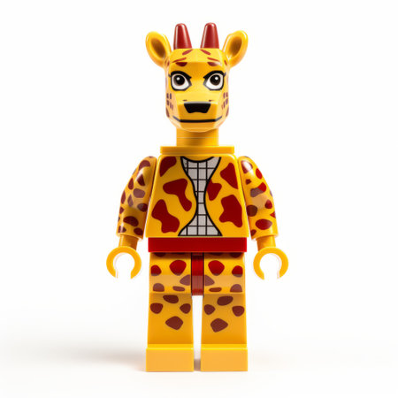 a man wearing a giraffe costume stands on a white background. the photo features bold color blocks, detailed facial features, and a comic-inspired style. the lighting is realistic, and the characters have a cartoony, blocky appearance. the image was captured using a steinheil quinon 55mm f/1.9 lens. ai generatedの素材