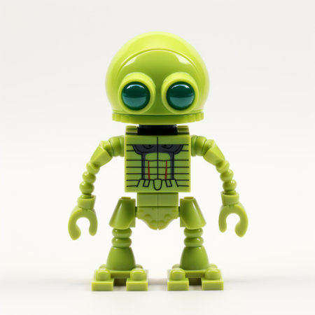 a green robot with a green plastic helmet, in the style of miniaturecore, showcases a retro futuristic design. its shiny eyes and modular, skeletal structure give it a futuristic spacecraft-like appearance. this captivating image was captured on 70mm film. ai generatedの素材