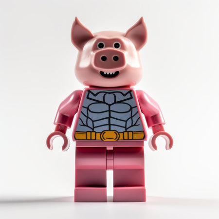 the lego batman minifigure is depicted wearing a light pink armor and various accessories. the image showcases a digitally enhanced style with symbolic use of animals, reminiscent of the farm security administration aesthetics. the composition features focus stacking techniques, vibrant and saturated pigments, and elements of duckcore. ai generatedの素材