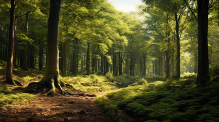 a photo of trees in a forest, showcasing the atmospheric woodland imagery found in the english countryside. this national geographic photo captures the highly detailed environments created using terragen software. the nature-inspired composition exudes a serene and peaceful ambiance. ai generatedの素材