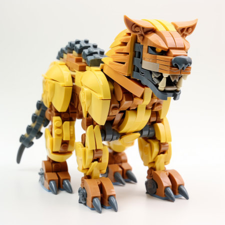 a lego model of a big blue tiger, crafted with a minimalistic style, showcases a fusion of dark gold and beige hues. the sculpture exudes a sense of grandiosity, resembling ancient ruins. its design incorporates elements of light amber and gray, as well as touches of dark yellow, light gold, light yellow, and light maroon, creating a captivating technological fusion. ai generatedの素材
