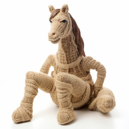 the toy horse, inspired by the artistic styles of ragnar kjartansson and lois greenfield, captures trapped emotions through its unique design. with streaked patterns reminiscent of lisa parker's artwork and a touch of ancient egypt, this knitted and crocheted stuffed toy is a whimsical and artistic addition to any collection. ai generatedの素材
