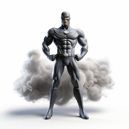 the captain superhero, a 3d ad illustration, is depicted standing in the clouds. the image showcases a black and gray style with a polished metamorphosis effect. the sculptural costumes, inspired by group f64, reinterpret the human form. the illustration also features explosive pigmentation, adding vibrancy to the overall composition. ai generatedの素材
