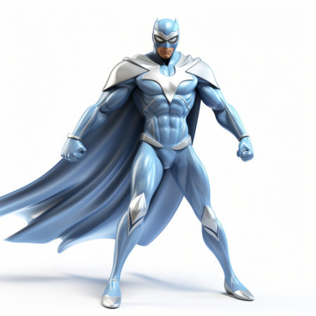 a blue superhero, depicted in a light silver and light gray style, stands on a white background in this animated image. the superhero is illustrated with life-like avian features, showcasing high-contrast shading. the image showcases dramatic lighting effects and detailed miniatures, creating a captivating visual. ai generatedの素材