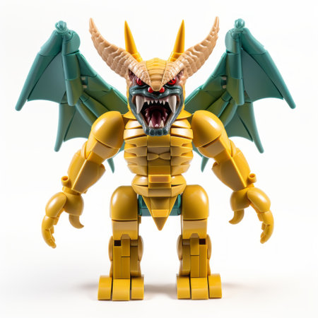 a lego creature with long, black wings is wearing yellow clothing in the style of light gold and turquoise. the design draws inspiration from artists such as joe madureira, kawanabe kysai, dau al set, prehistoric art, and features a strong facial expression. ai generatedの素材