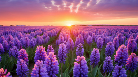 purple blooming flowers with the sun setting in the distance create a stunning color contrast in this landscape photo. reminiscent of traditional dutch landscapes, this uhd image captures the beauty of nature with its light crimson and azure hues. a romantic and fantastic scene, this associated press photo showcases rihanna's artistic style. ai generatedの素材