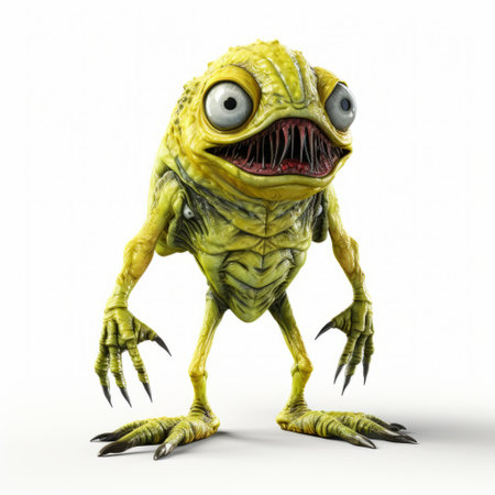 a yellow alien bug with big claws stands in a grotesque satire style, rendered in maya. this humorous animal scene, reminiscent of dino valls and zombiecore, captures the charm of george lucas' characters. ai generatedの素材