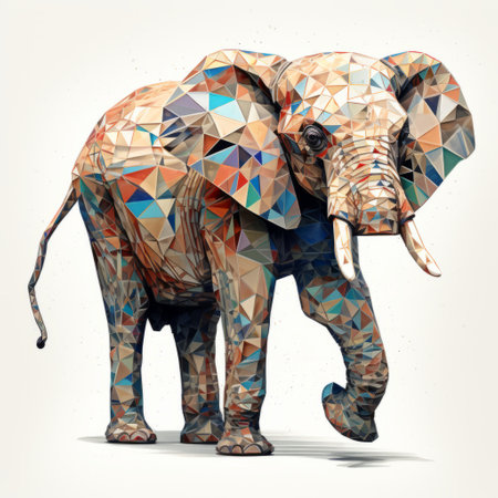 an elephant is being transformed into a stunning work of art through the application of various colored shapes. this low poly style composition showcases intricate layers, resulting in a realistic sculpture. the vibrant combination of light orange and dark blue adds depth to the design. the use of glass fragments further enhances the artistic appeal of this full-body illustration. ai generatedの素材