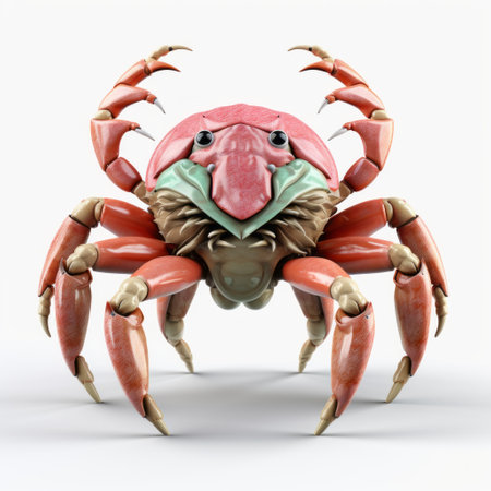 a 3d model of a crab is showcased against a white background. this realistic-style crab features surrealistic elements, with a captivating blend of dark pink and light emerald colors. the layered imagery adds depth, while the strong facial expression adds intrigue. this photo captures the essence of a national geographic photo, with a touch of science fiction art and surreal illustrations. ai generatedの素材