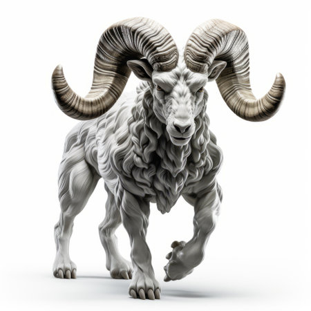 the white goat, with its impressive teeth, appears larger in this captivating photo rendered in the style of octane render. the intricate engraving showcases a beautiful contrast between dark white and light gray tones. the dynamic pose of the goat adds a sense of movement, reminiscent of the works of aries moross and tony orrico. the overall composition is reminiscent of the artistic style ofの素材